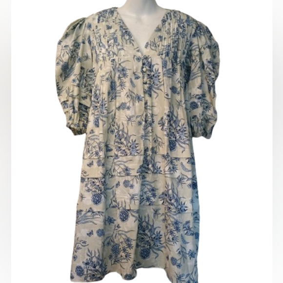 Hunter Bell Gardenia Jenkins Floral Blue and White Dress Puff sleeves - Picture 2 of 16